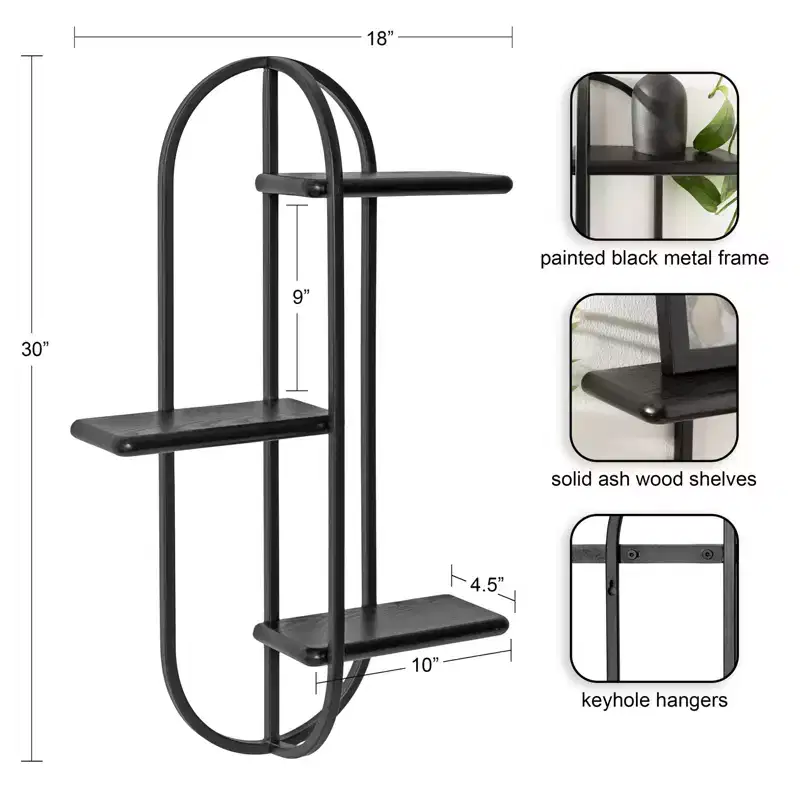 3-Tier Arched Floating Wall Shelf – Black Metal & Wood, 18x5.5x30 in