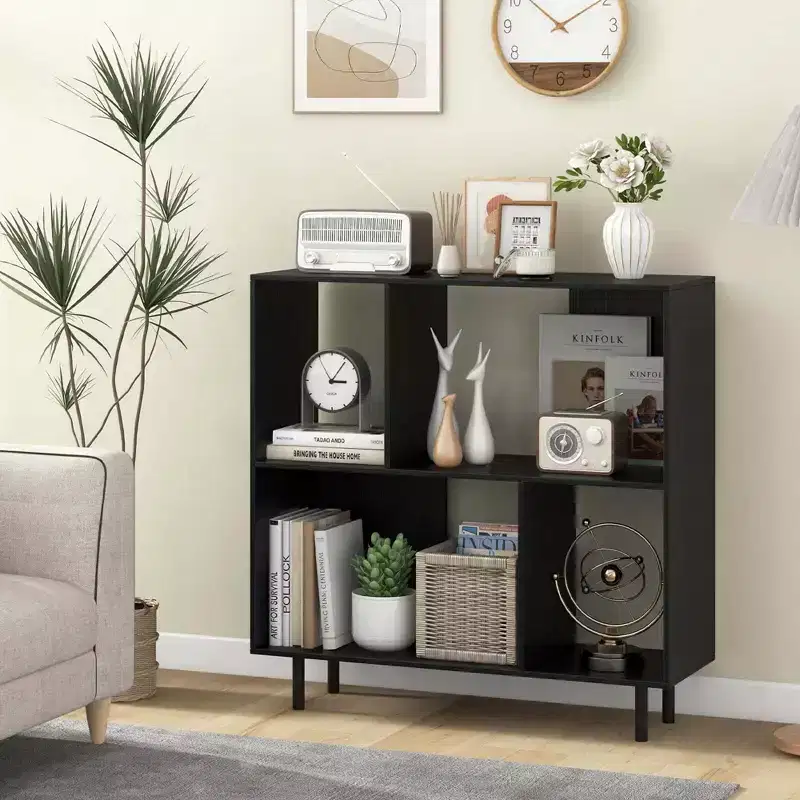 Black/Natural/White Mid-Century Modern 4-Cube Open Bookshelf, Single