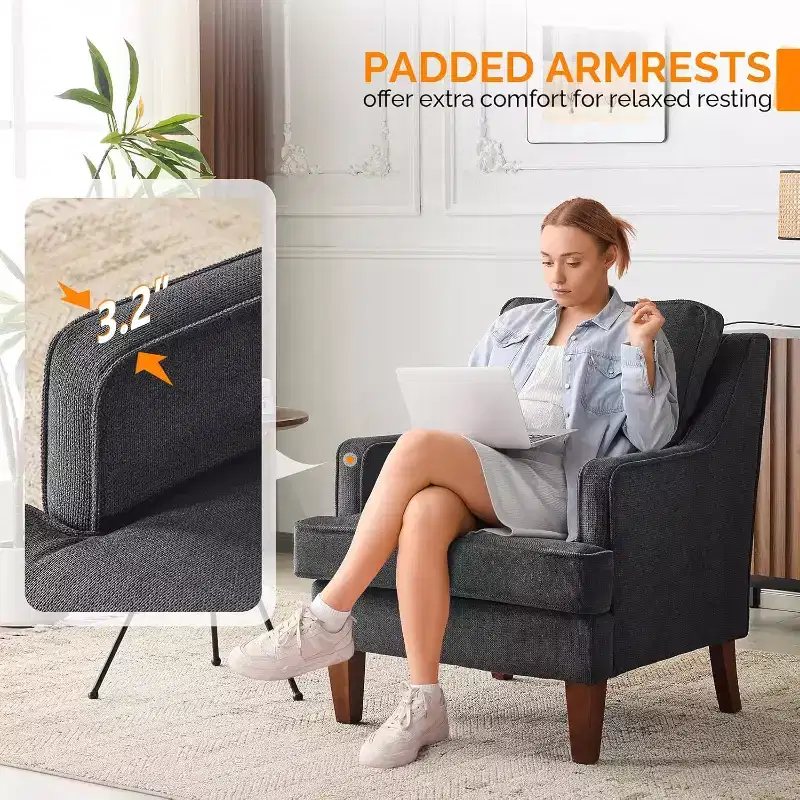 VINGLI Mid-Century Modern Accent Chair, Black Upholstered Armchair Comfy Sofa Chair Reading Chair