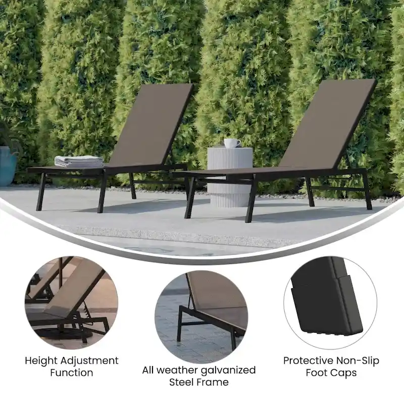 Set of 2 All-Weather Textilene Adjustable Chaise Lounge Chairs with Arms