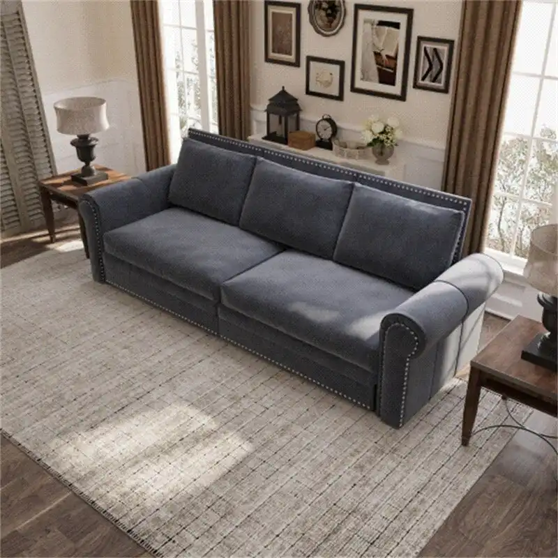 3-in-1 King Pull Out Sofa Bed Chesterfield Sofa, Velvet/Faux Leather Convertible Sleeper Sofa with Nailhead Trim & Rolled Arm