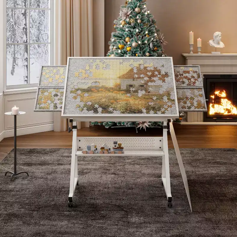 GDFStudio Anchalee Modern Metal and Wooden Jigsaw Puzzle Table Board with 4 Trays