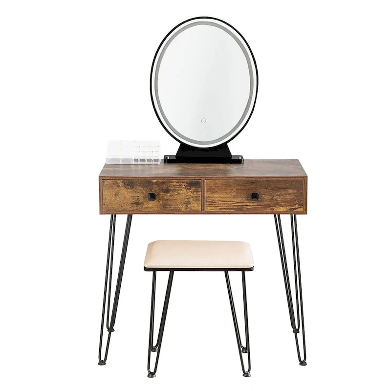 Vanity Set Makeup Dressing Table with Round Lighted Mirror