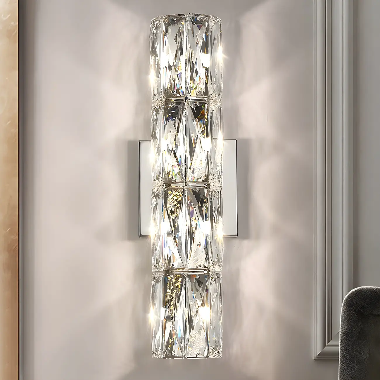Modern 4-Light Chrome Crystal Cylinder Wall Sconce Light Fixture