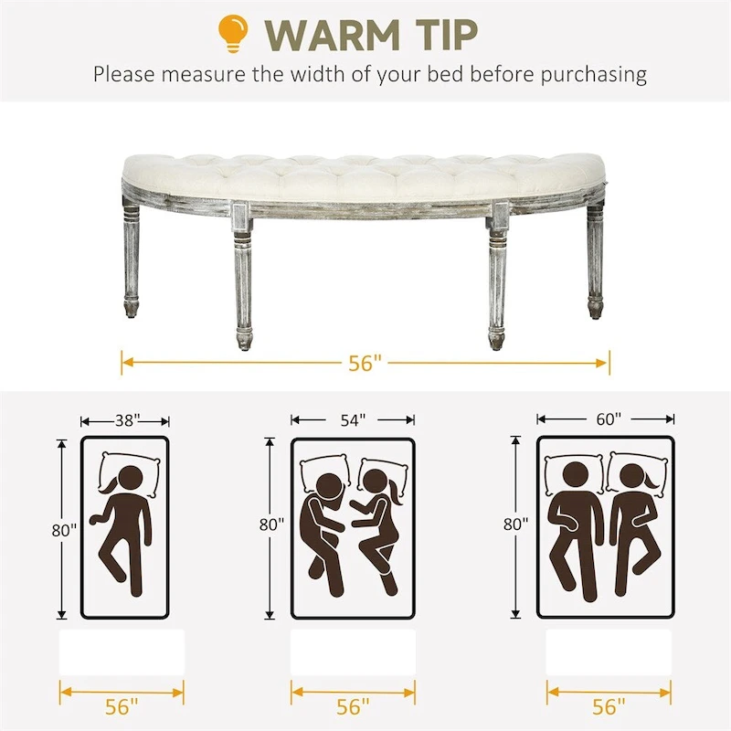 Semi-Circle Tufted Design End of Bed Bench with Rubber Wood Legs