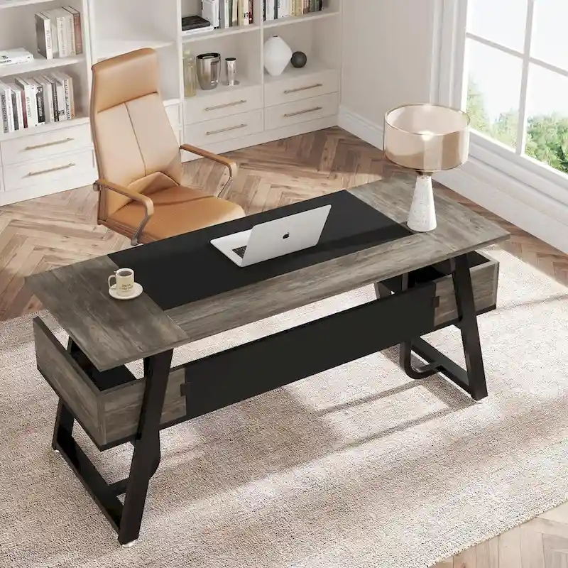 63 Inches Large Executive Desk with Bottom Shelves