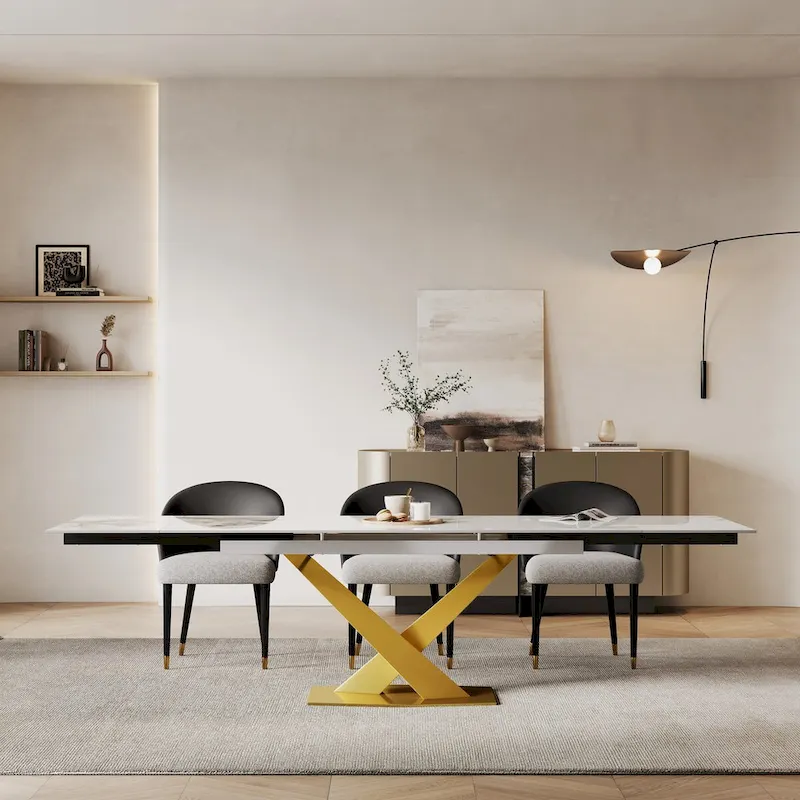 9 - Piece 94.48 Rectangular Extendable Sintered Stone Dining Table with 8 Faux leather Chairs Dining Set