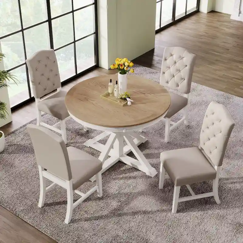 5 Pcs Wooden Round Dining Table Set, Kitchen Dining Table Chair Set with Extendable Table and 4 Upholstered Chairs