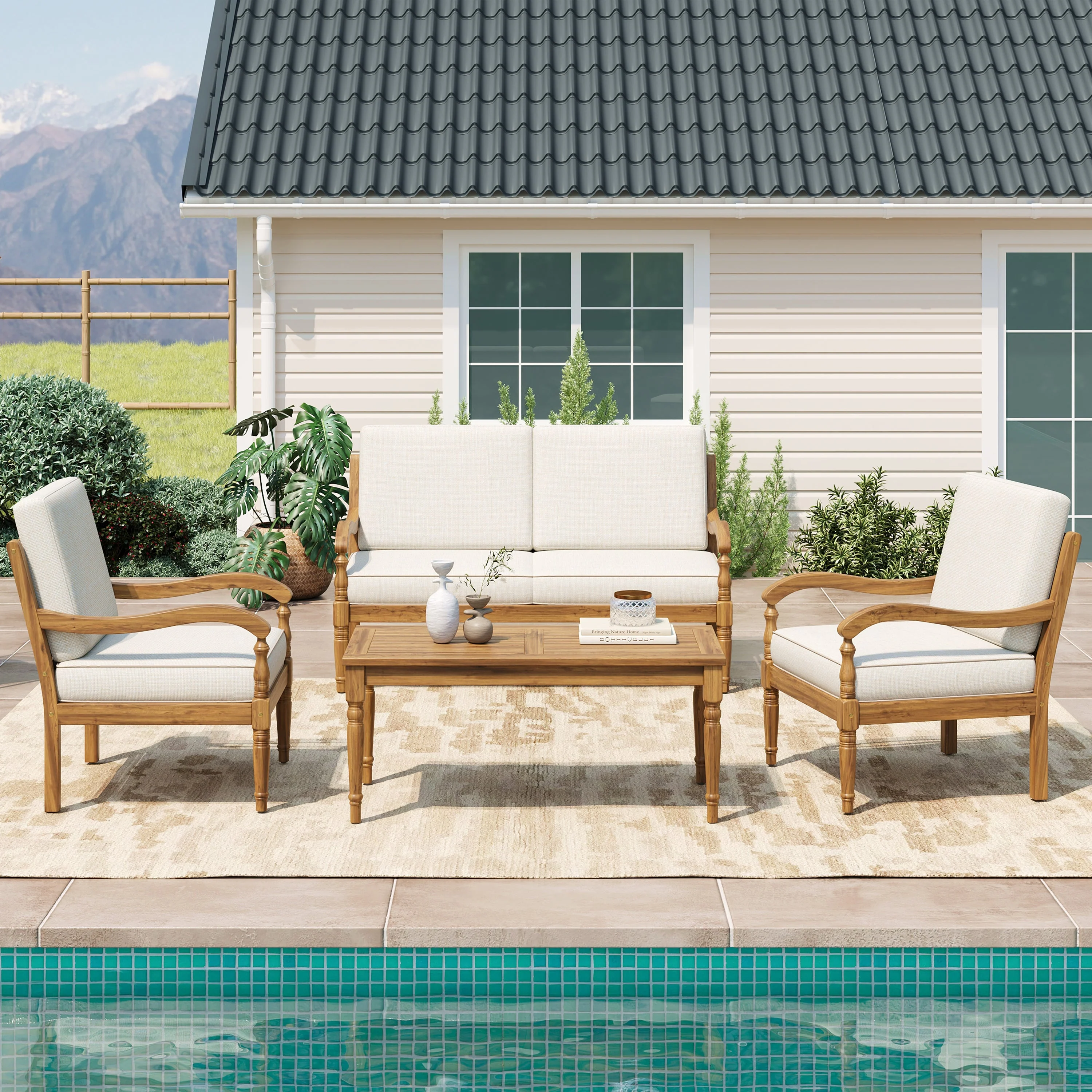 Walker Edison | Outdoor Acacia Wood Patio 4 Piece Sofa Set