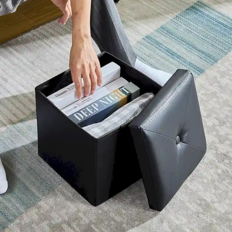 Folding Storage Ottoman, Foot Rest Stool Footstool, Leather Tufted Ottoman, Small Ottoman Cube for Living Room Bedroom Dorm