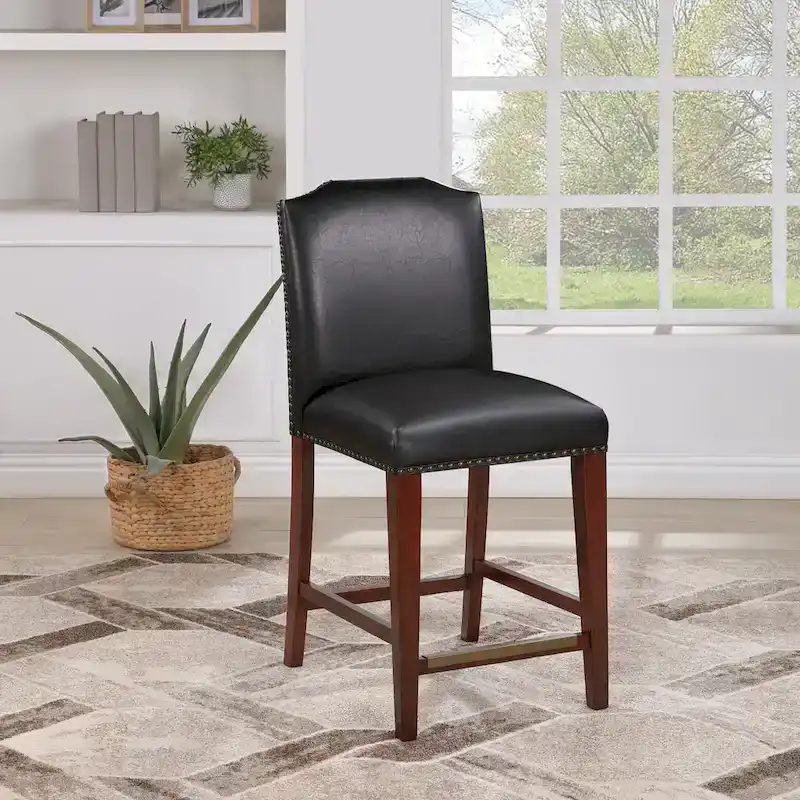 Stationary Faux Leather Counter Stool with Nail Head Trim, Modern Bar Stool