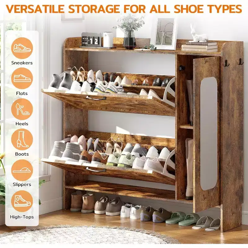 Zevemomo 40.51 Shoe Storage Cabinet with 2 Flip Drawers & Side Cabinet, Shoe Rack Organizer with Mirror and Adjustable Shelves, Dark Brown