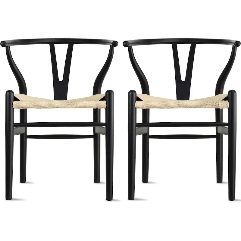 Set of 2 Wood Dining Chairs with Woven Rope Seat