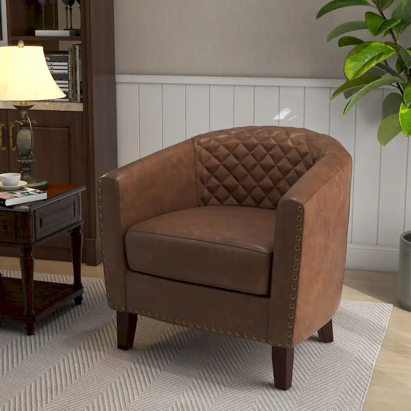 Barrel Accent Chair PU Leather with Nailhead Trim