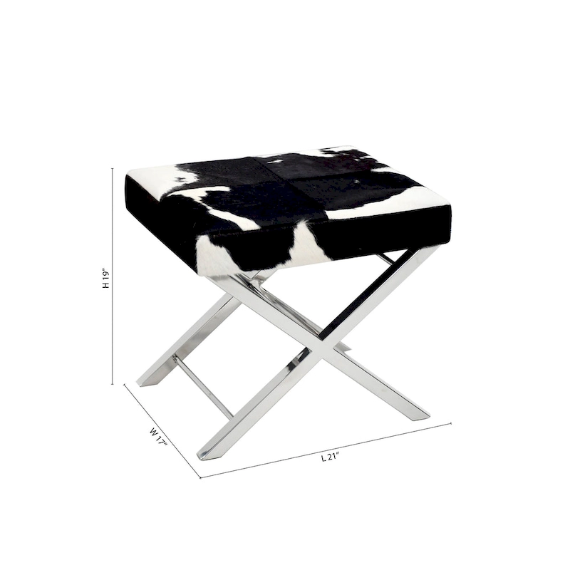 Chrome Stainless Steel Ottoman Chair with Black and White Hairline Leather