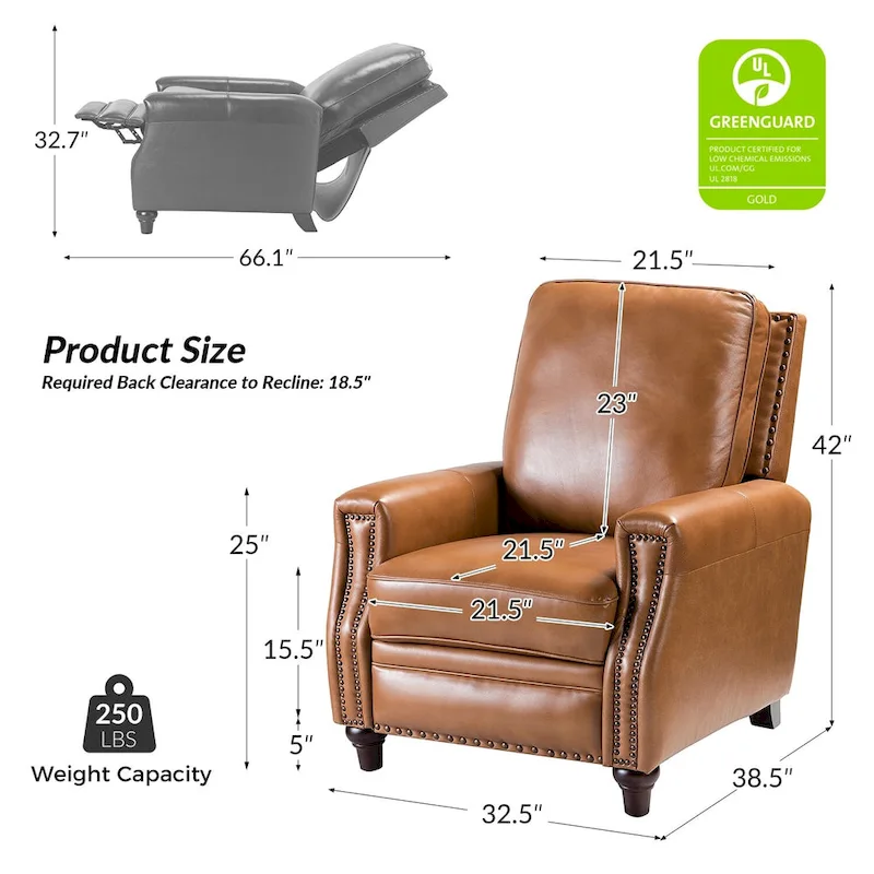 Cigar Mid-century Modern Genuine Leather Recliner with Nailhead Trim Set of 2 by HULALA HOME