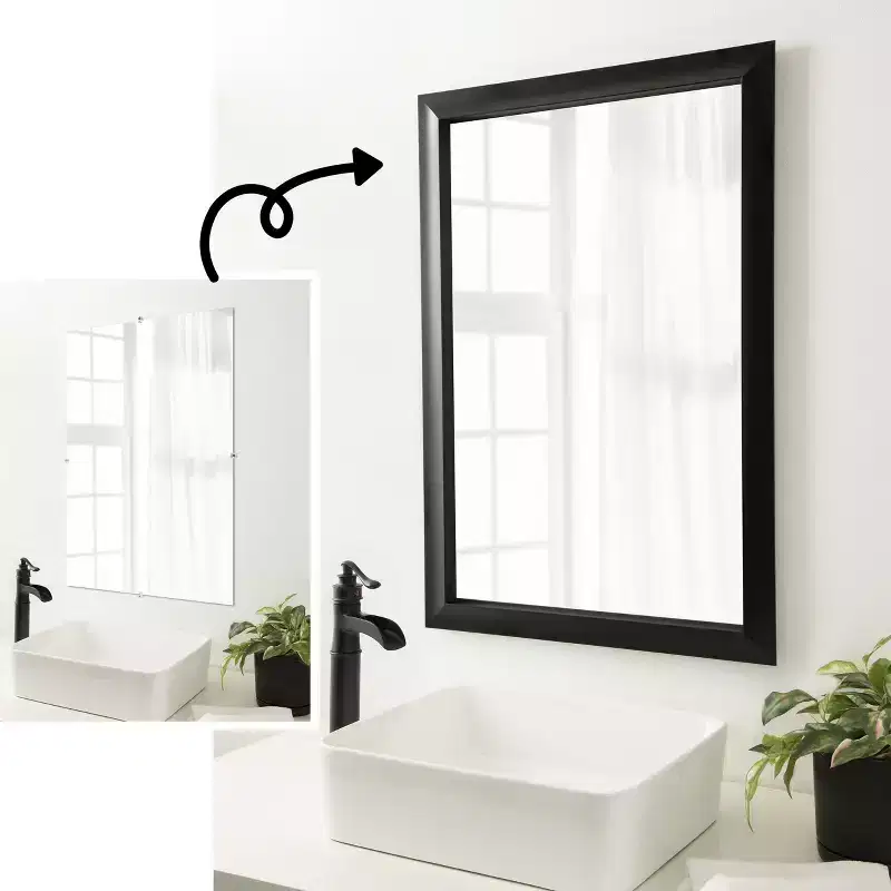 Amanti Art Mirror Makeover Bathroom Mirror Frame Border Kit - Fully Assembled Peel and Stick Frame - Mirror NOT Included - Grand Black Narrow Trim