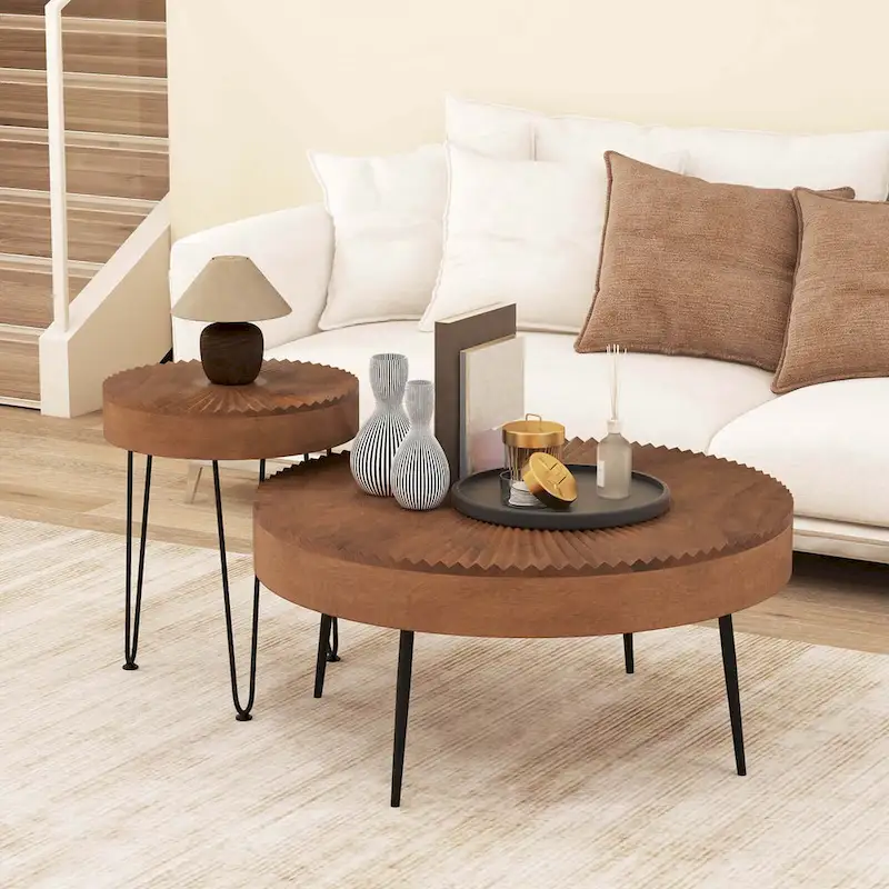 Farmhouse Round Coffee Table End Table Natural Finish