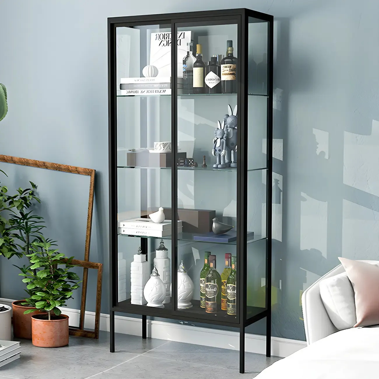 Black Metal Frame Glass Shelves Curio Cabinet