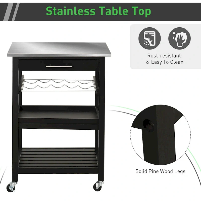 Kitchen island Cart Rolling Trolley Utility Serving Cart with Stainless Steel Tabletop, Wine Rack & Drawer