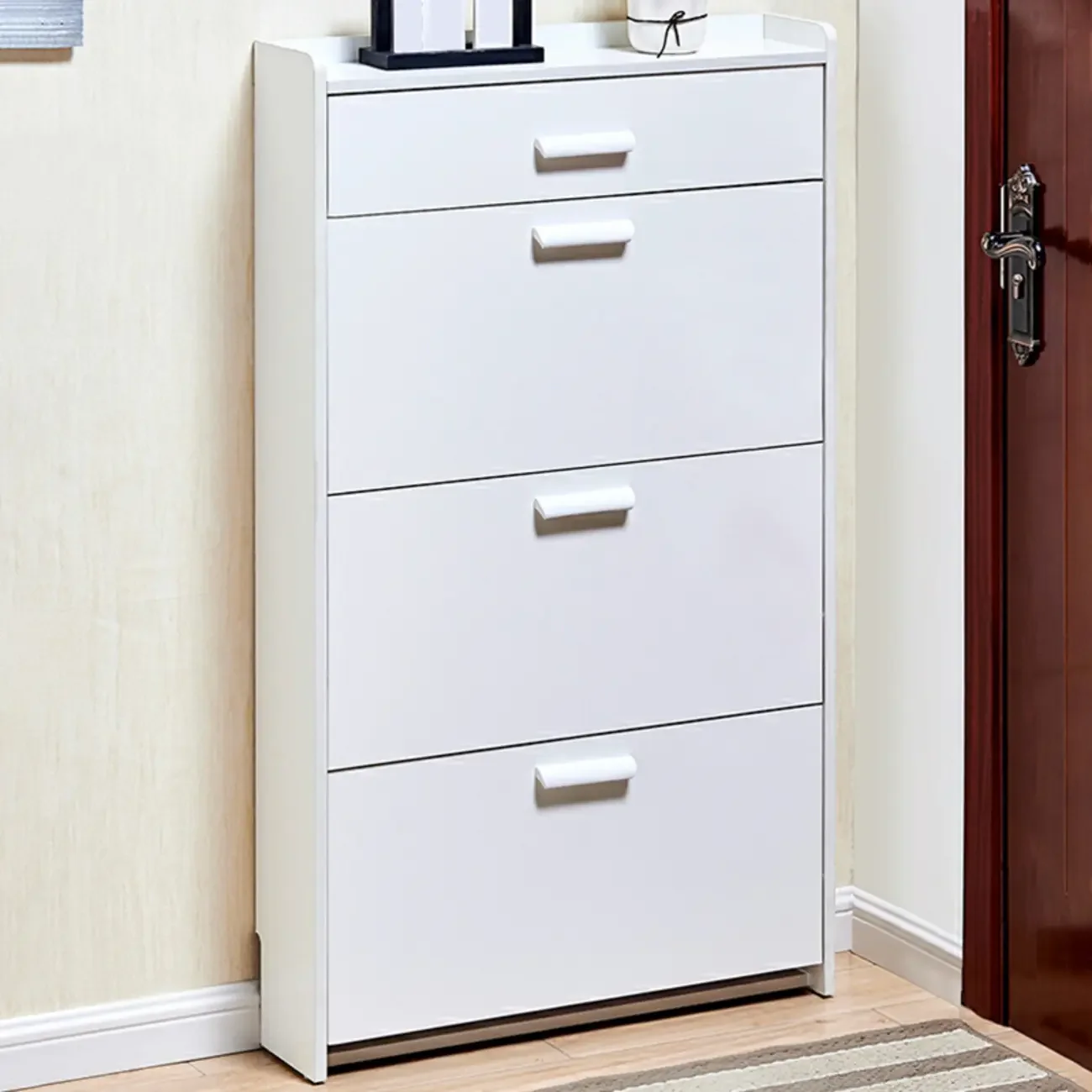 Narrow Wall-Mounted White Shoe Cabinet with Drawers