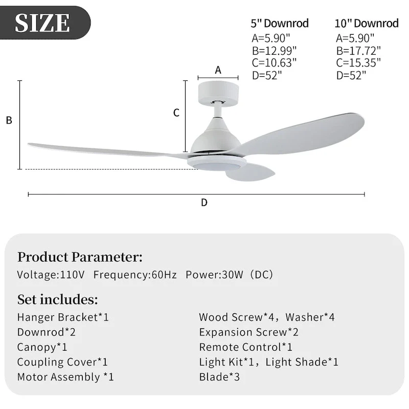 OVIOS Elegant 52-inch 2-in-1 Ceiling Fan Light with Remote Control