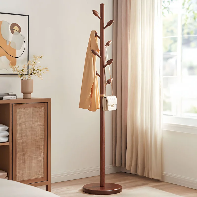 Rubberwood Freestanding Coat Rack, Coat Tree with 8 Bud-shaped Hooks - 15.75Dia. x 72.44H