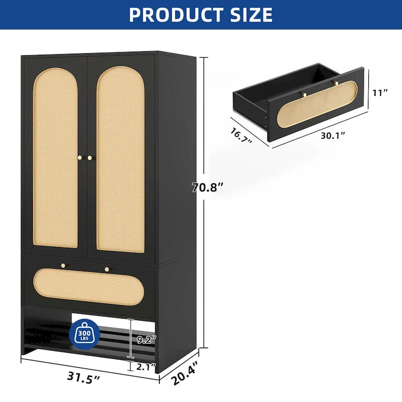 Moasis 70 Rattan Armoire Bedroom Wardrobe with Drawer & Hanging Rod
