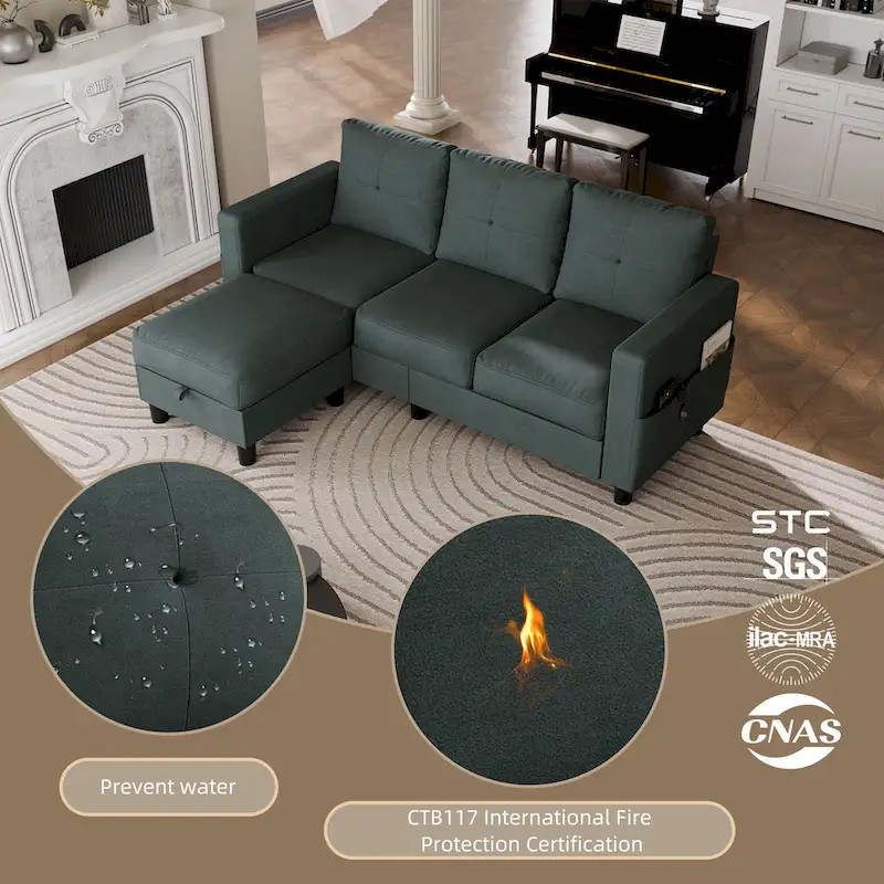 Futzca Linen Upholstered L-shaped Sectional Sofa w/ Reversible Chaise