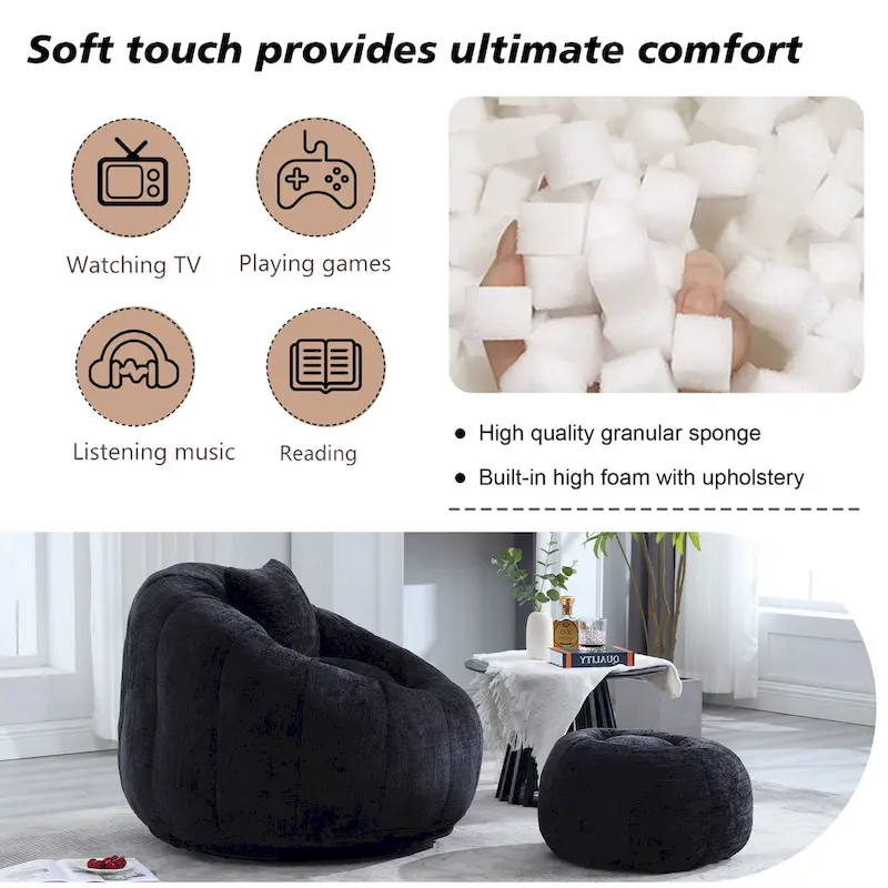 HOMEFUN Chenille Upholstered Round Lazy Cozy Bean Bag Chair with Ottoman and a Pillow