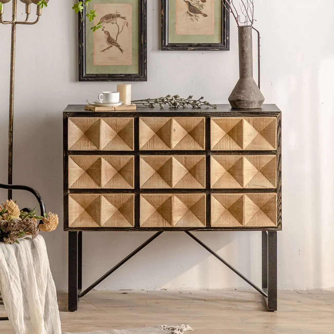 Rustic Wooden Console Table with Drawers and Trims