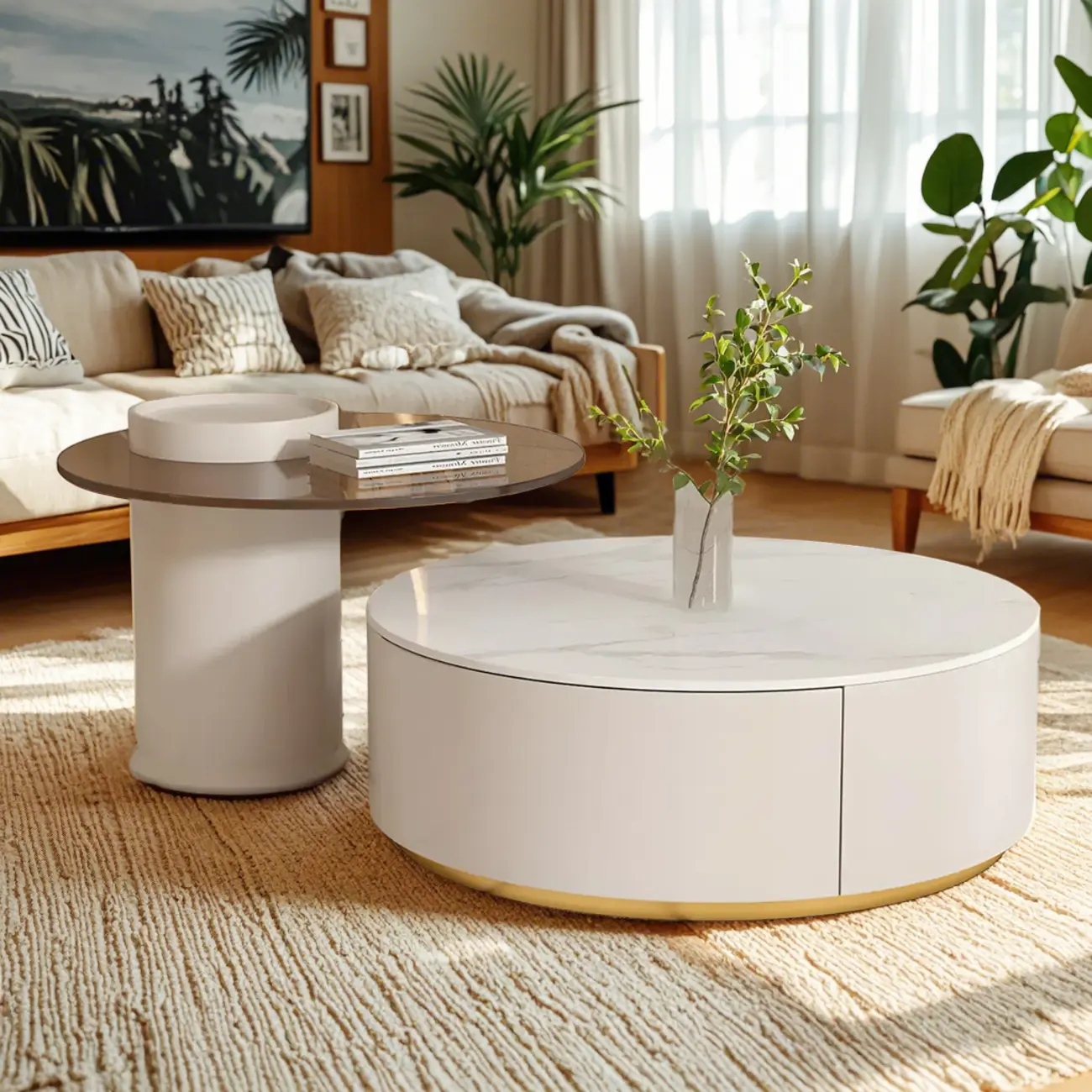 White Modern Round Drum Wood Drawer Coffee Table