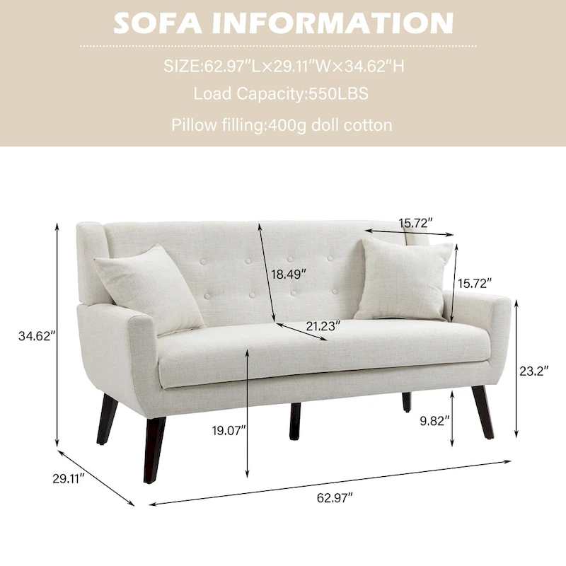 Tufted Linen/Cotton 2-Seater Sofa with Pillows