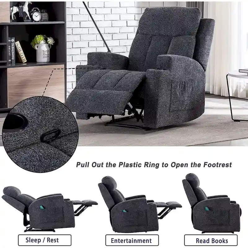 Manual Recliner Massage and Heating Chair Sofa with 2 Cup Holders Breathable Fabric