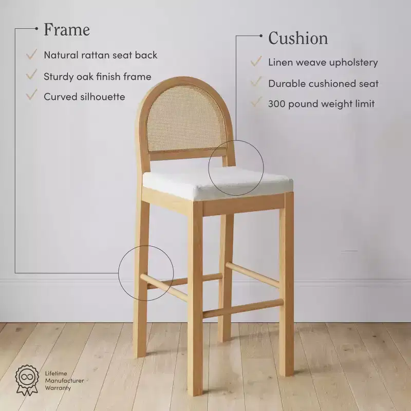 Nathan James Bailey Curved Back Counter Height Barstool Natural Wood Oak Rattan Cream Boucle: Upholstered, 300lb Capacity