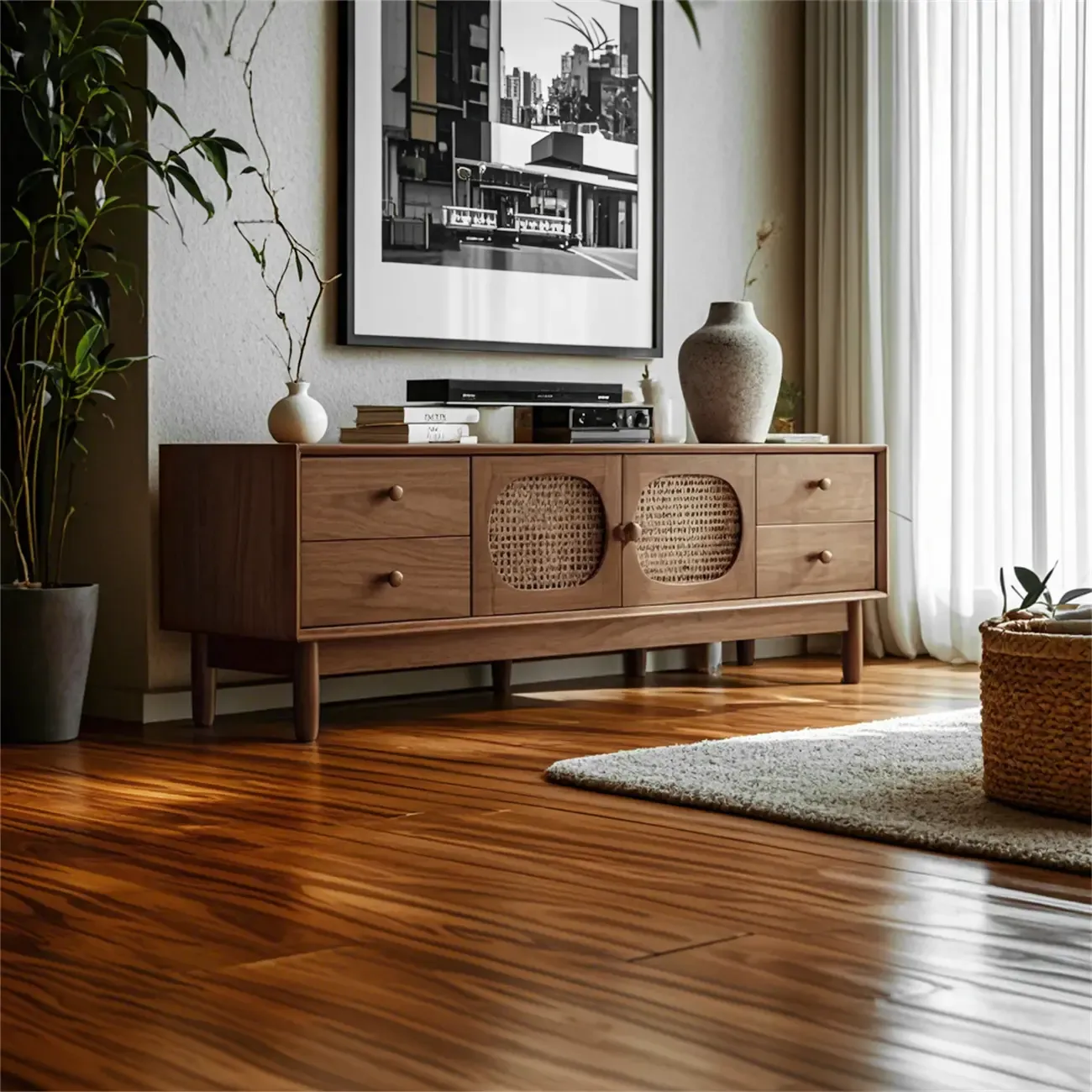 Vintage Brown Wooden TV Stand with 2-Drawers for Living Room