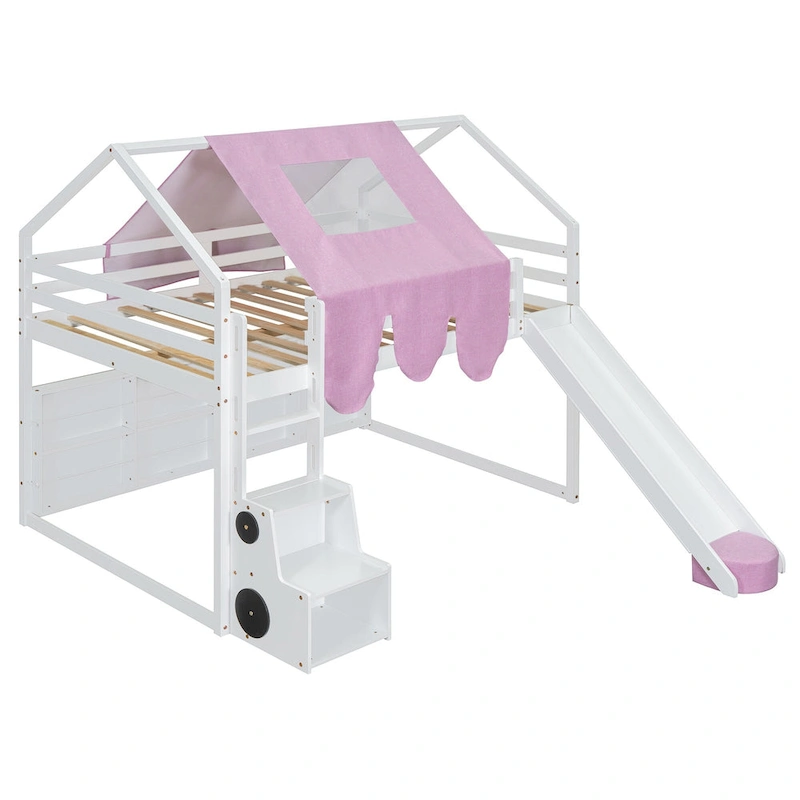 Full Loft Bed with Play Tent, House Design, Slide & Ladder