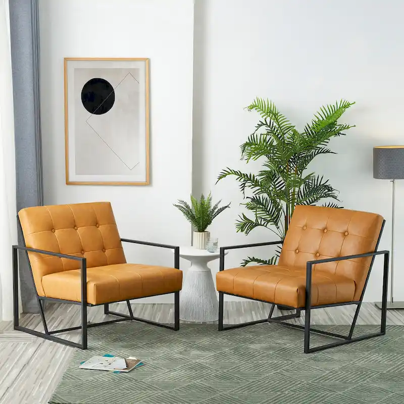 Glitzhome Set of 2 29.25W Mid-Century PU Leather Tufted Accent Chairs