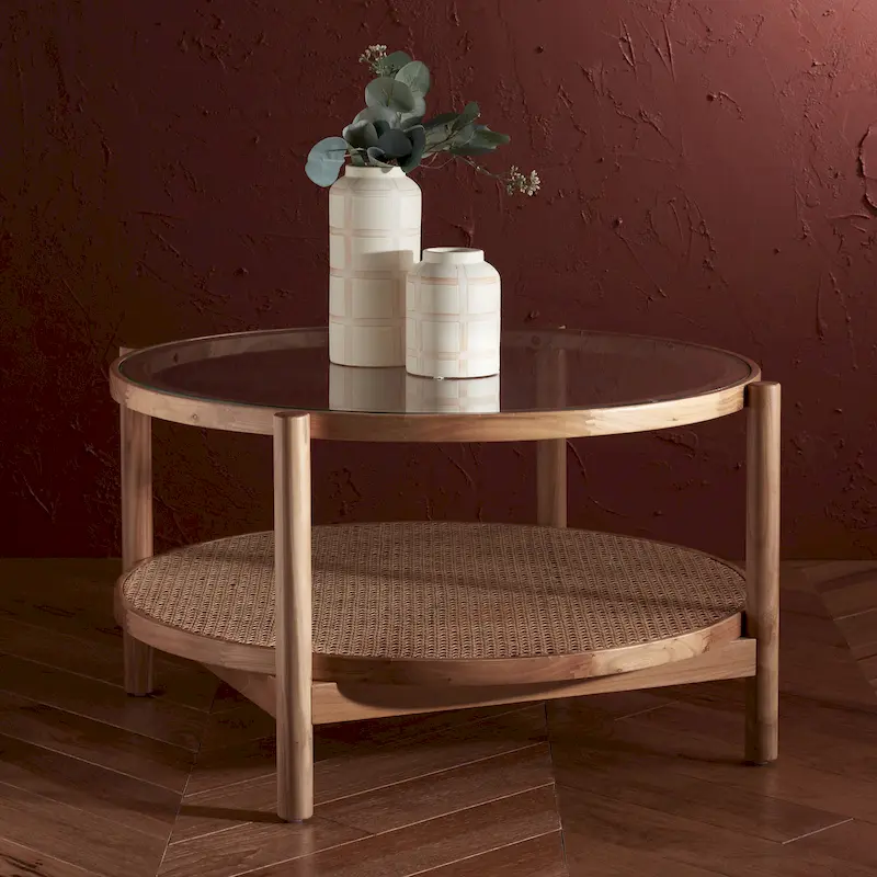 SAFAVIEH Couture Falak 2-Tier Rattan/Glass Coffee Table - 35 In. W x 35 In. D x 18 In. H - 35W x 35D x 18H