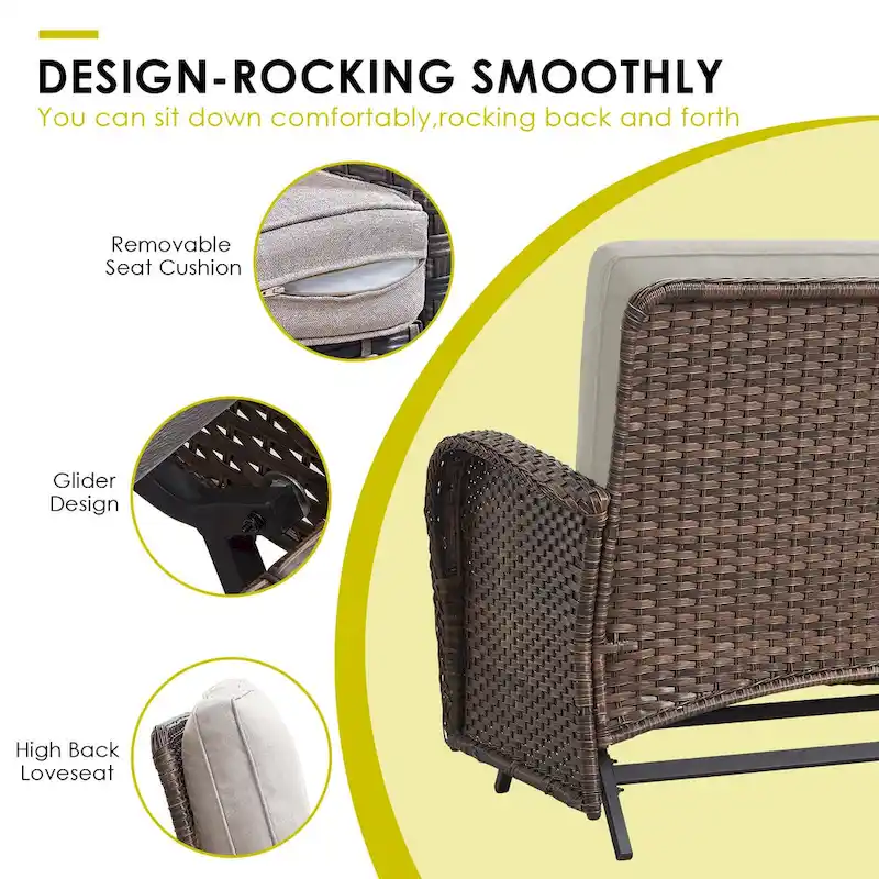 Patio Glider Rocking Sofa with Swivel Chair and Ottoman - Brown