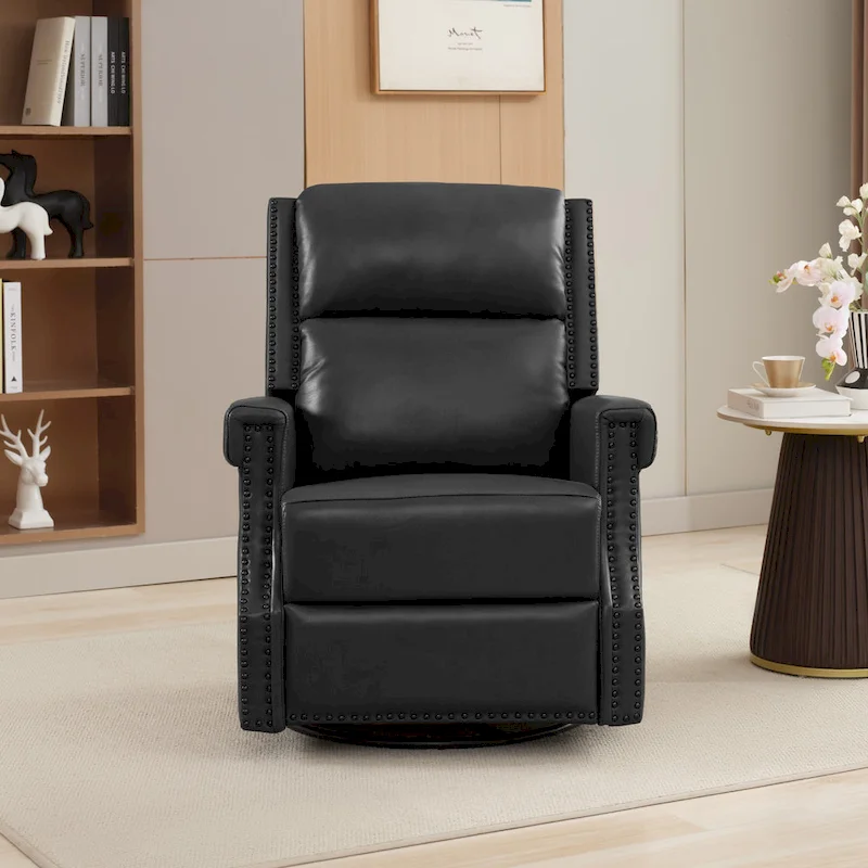 Genuine Leather Manual Rocking Recliner with 360-degree Metal Swivel Base