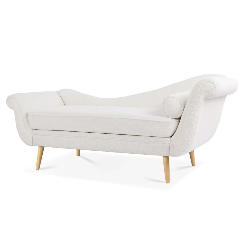 Upholstered Chaise Lounge with Scroll Arms, Accent Pillow & Solid Wood Legs