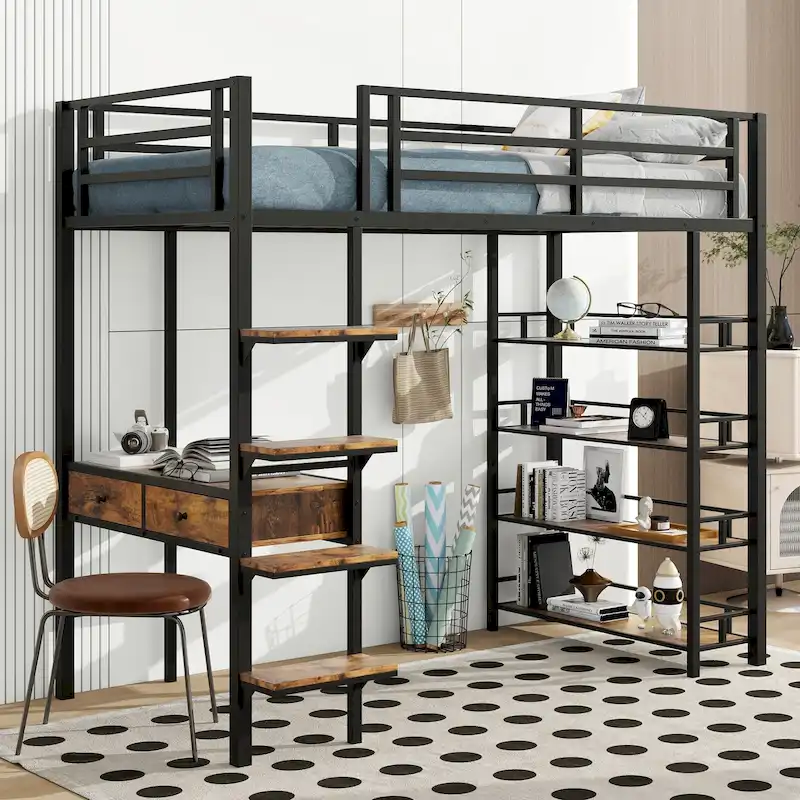 Black Twin Size Metal Loft Bed with Desk, Ladder & Shelves for Kids