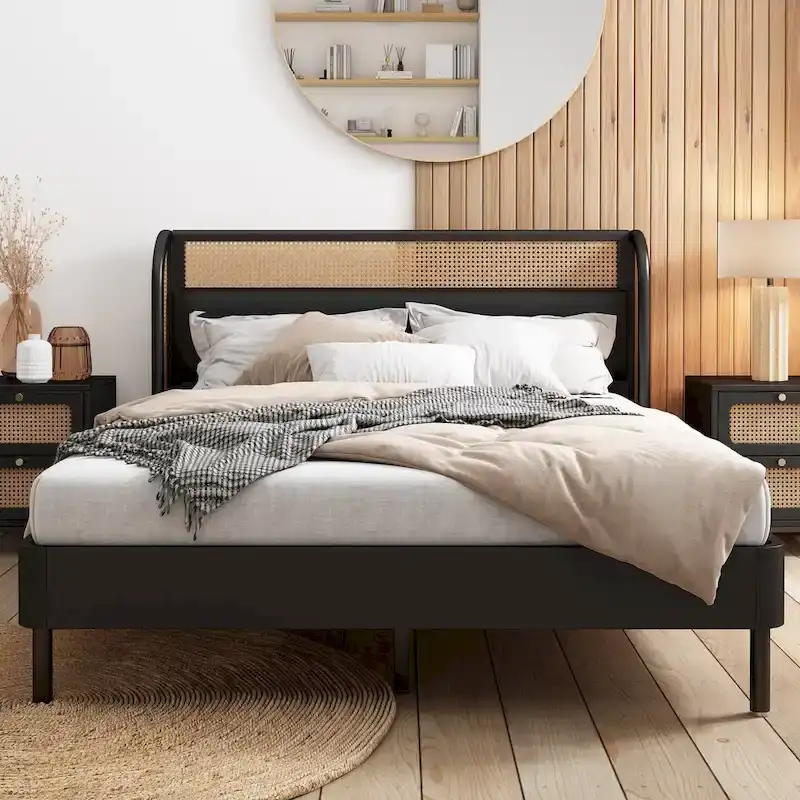 Modern Cannage Rattan Wood Platform Queen Bed, Black