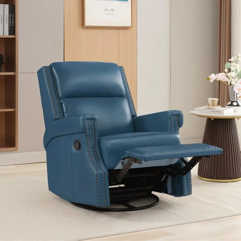 Genuine Leather Manual Rocking Recliner with 360-degree Metal Swivel Base