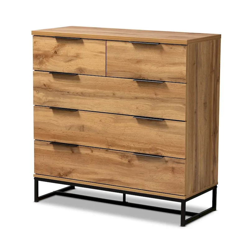 Franklin Oak Wood and Black Metal 5-drawer Bedroom Chest