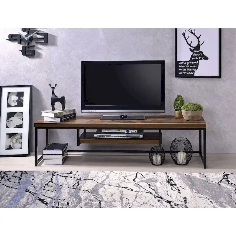 Oak Industrial Style 47 TV Stand with Storage Shelf and Metal Legs for Living Room