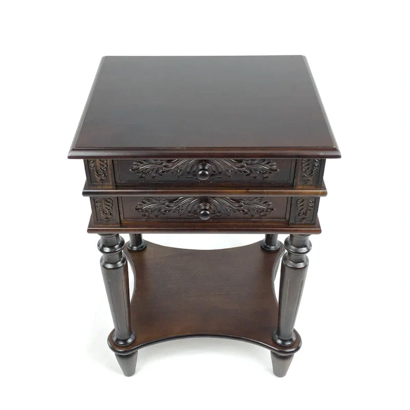 2 Drawer End Table with Intricate Carvings and Open Bottom Shelf, Brown