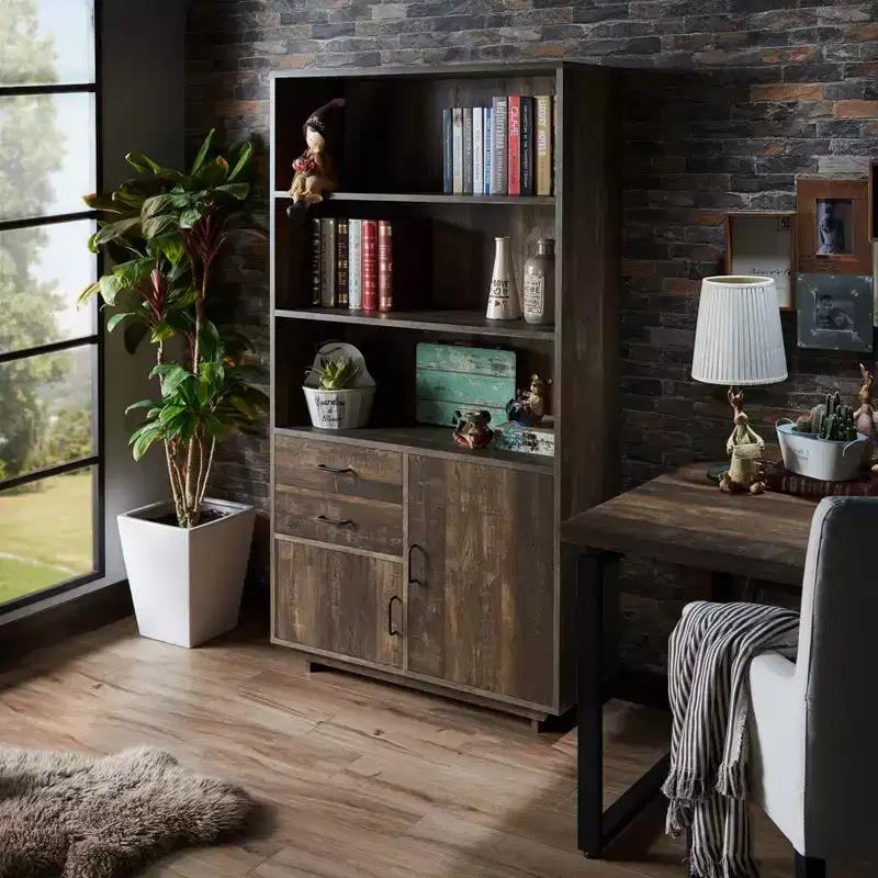 HOMES: Inside + Out 69.8" Tappan Bookcase with Cabinet Reclaimed Oak: Farmhouse Style, 5 Shelves, 2 Drawers