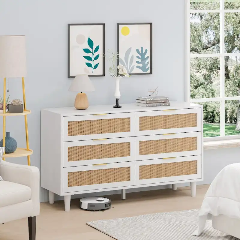 White 6-Drawer Rattan Storage Dresser